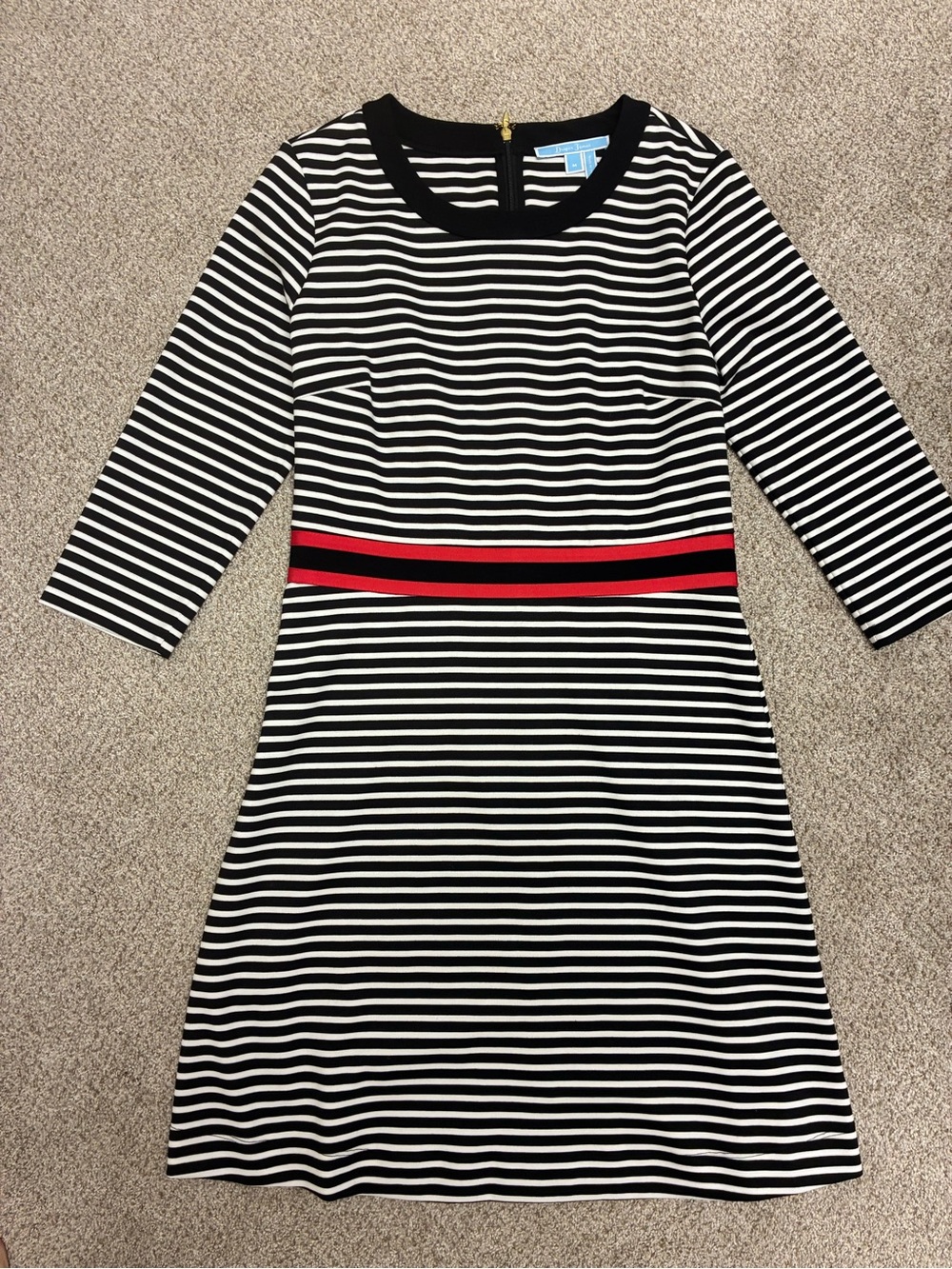 Like New Draper James Black & White Striped Long-Sleeve Dress with Red Waistband